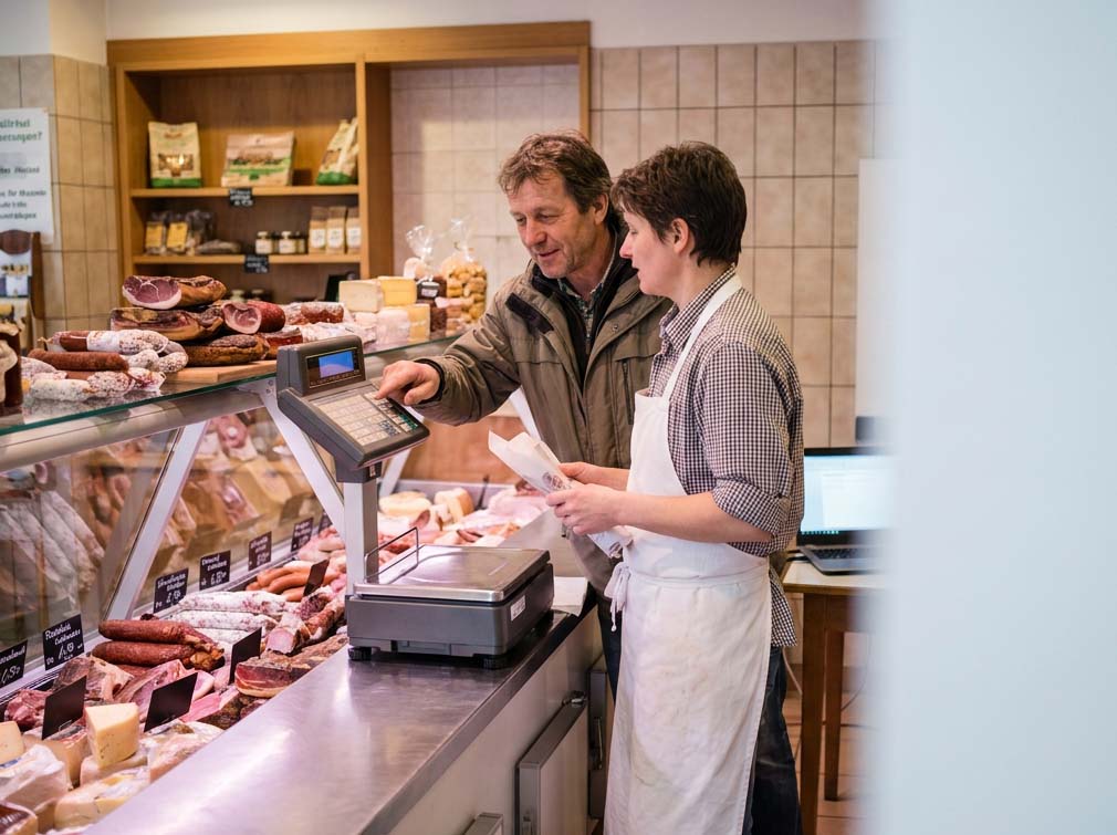 Verkäuferin und Kunde an der Waage einer Fleischerei-Theke
