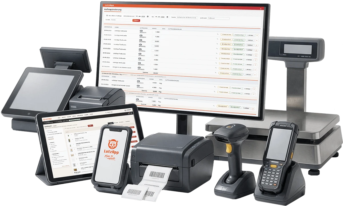 LotzApp auf PC, Kasse, Tablet, Smartphone, Scanner, Handscanner, Etikettendrucker und Waage