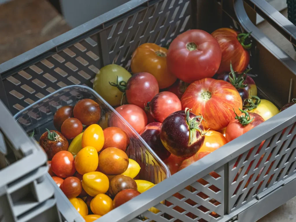 Bunte Tomaten in einer grauen Mehrweg-Transportkiste